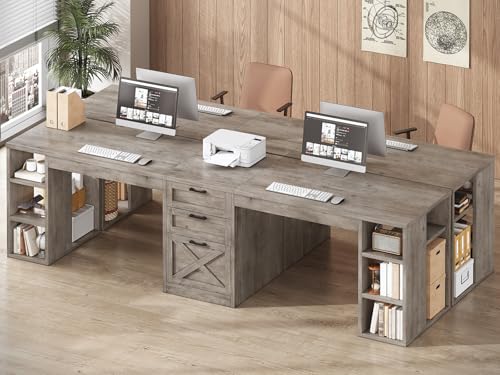 SEDETA Farmhouse 96.5" 2 Person Computer Desk with Drawers, Grey - Image 3