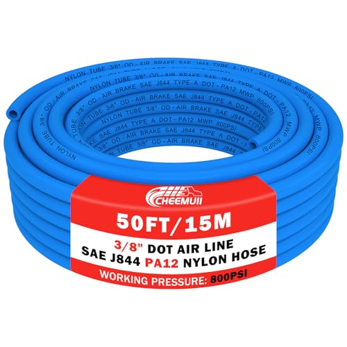 Image of CheeMuii 50 FT 3 /8 inch DOT Air Line Blue 3 /8 PA12 Nylon Pneumatic Tubing 15.2 Meter 3 /8 Inch OD Pneumatic Air Tubing Pipe Hose Line for Semi Truck Trailer or Industrial Air System