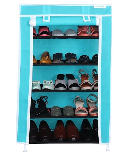 FLIPZON Iron Pipes,Plastic,Non-Wooven Multipurpose 5 Shelves Shoe Rack With Zip Door Cover&Side Pockets,Multiuse Storage Rack For Footwear,Toys,Clothes With Dustproof Cover(5 Shelf,Green),58X28X91 Cm