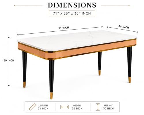Image of WOODEN SPACE 6-Seater Wooden Dining Table Set | Nano Composite Marble Top | Solid Wood Base | Modern Dining Room Furniture with 6 Chairs (Mustard Vintage)