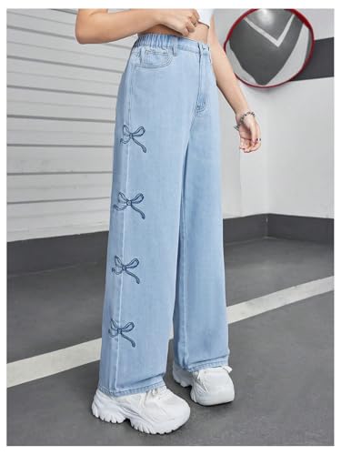 WDIRARA Girl's Bow Print Baggy Jeans Elastic High Waisted Straight Leg Denim Pants3