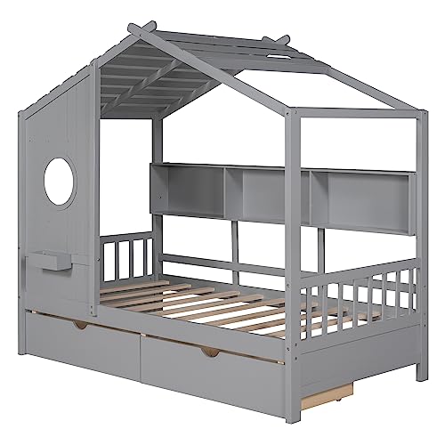 Image of Modern Twin Size House Bed with Roof and Window, Wooden Daybed Frame with Shelves and 2 Drawers,Bedroom Furniture for Girls & Boys (Gray+2 Drawers /)