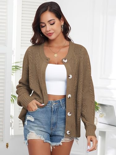 ZAFUL Womens Cable Knit Cardigan Button Down Crew Neck Sweater Loose Long Sleeve Open Front Jacket Outwear2