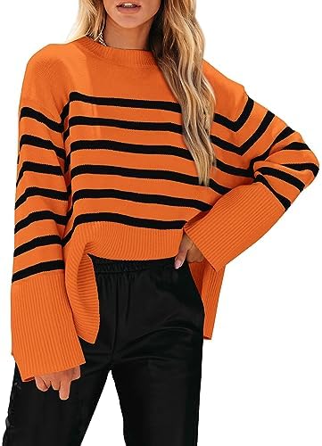 KIRUNDO Women's Striped Knit Oversized Fall Sweaters 2026 Trendy Clothes Crewneck Winter Pullover Sweater Side Split