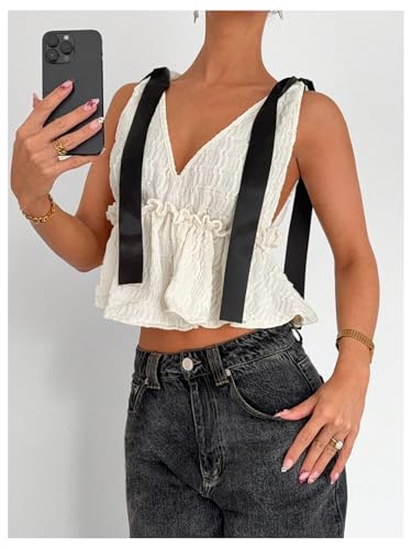 Milumia Women's Y2k Bow Knot Babydoll Tank Top Textured V Neck Sleeveless Ruffle Crop Tops2