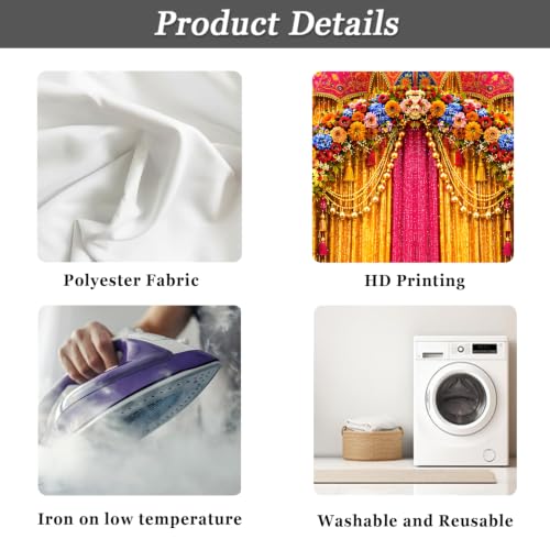 Image of India Wedding Backdrop, Traditional Haldi Mehndi Pooja Decorations, Colorful Marigold Floral Bridal Shower Fabric Photography Background wall Decor Props 7x5FT