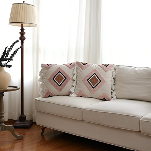 18 X 18 Inches Pack Of 2 Woven Tufted Boho Throw Pillow Cover, Modern Decorative Geometric Cushion With Tassels, Farmhouse Tribal Pillowcase For Couch Sofa Bedroom Living Room, Cream Blush Tan #TOP1