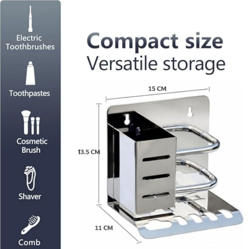 Image of Wall Mounted Toothbrush Holder Organizer, Stainless Steel Bathroom Tumbler & Toothpaste Stand, 4 Brush Slots, Mirror Finish, Rustproof Storage Rack (15 x 13.5 x 11 cm, Silver)