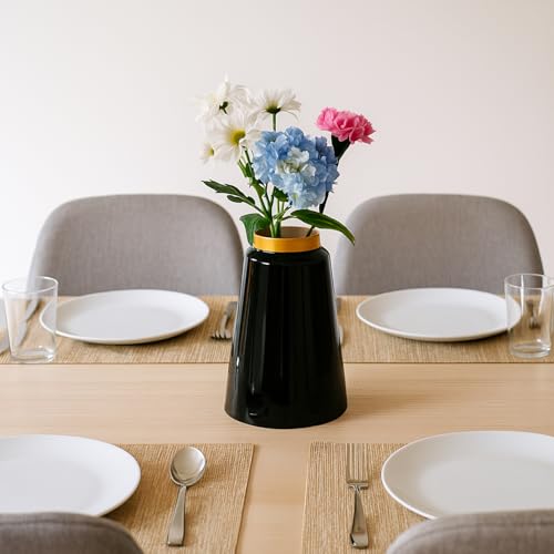 Image of Market99 Metal Flower Holder | Vase, Plant Pot, Black Cylindrical Vase with Gold Ring Design & Glossy Texture | Home Decor Accent for Living Room, Office, Table Centerpiece & Gifting