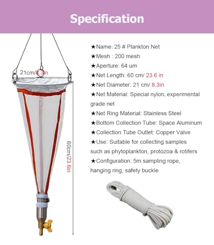 Filet d'échantillonnage de plancton 200 mailles avec corde de 5 m pour test d'eau
