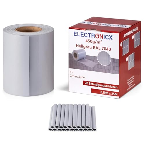 Electronicx PVC Sichtschutzstreifen Hellgrau (RAL 7040) | Sichtschutz Zaunfolie Doppelstabmatten | 35m x 19 cm | 450g/m² | UV-beständig, Blickdicht, inkl. 20 Befestigungsclips für Gartenzaun
