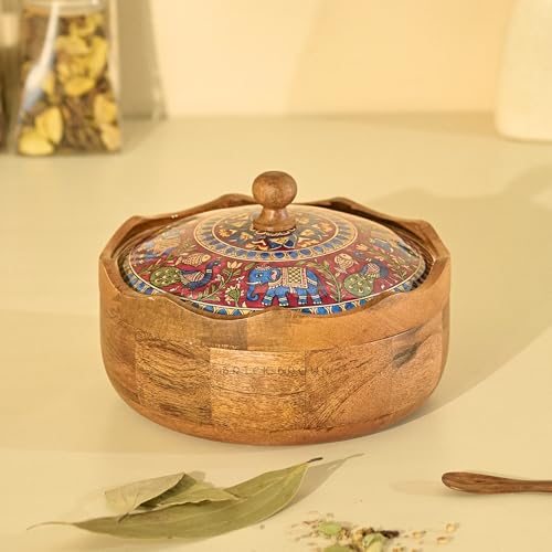 Image of Brick Brown Mithila Wooden Masala Box with Lid | Spice Box Organizer Storage Box | Spice Jars | Flower-Shaped Masala Dani with 7 Steel Containers & 1 Wooden Spoon | Designer Spice Rack for Kitchen