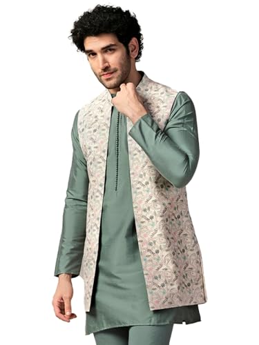 Image of KISAH Men's Kurta Jacket Churidar Set, Multi Cotton Blend, Printed Regular Fit Mandarin Collar Full Sleeves