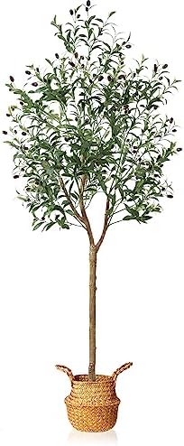 MOSADE Artificial Olive Tree 6 Feet Fake Olive Silk Plant and Handmade Seagrass Basket, Perfect Tall Faux Topiary Silk Tree for Indoor Entryway Modern Decor Home Office Porch Balcony Gift,1Pack
