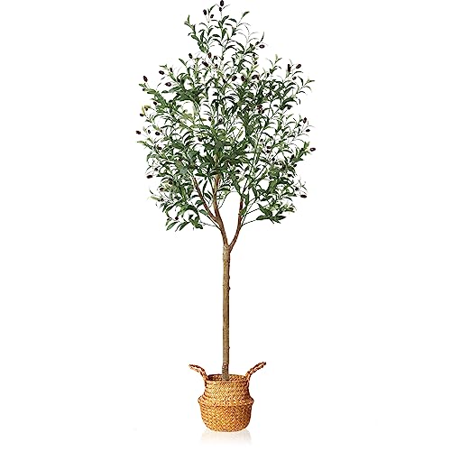 Mosade Artificial Olive Tree 6 Feet Fake Olive Silk Plant And Handmade Seagrass Basket, Perfect Tall Faux Topiary Silk Tree For Indoor Entryway Modern Decor Home Office Porch Balcony Gift,1Pack #TOP2