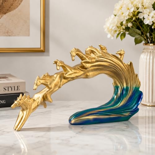 Image of eCraftIndia Golden Running Horse Family Showpiece for Home Decor | Abstract Horse Sculpture with Blue Wave Base | Decorative Figurine for Living Room, Office Table & Gifting