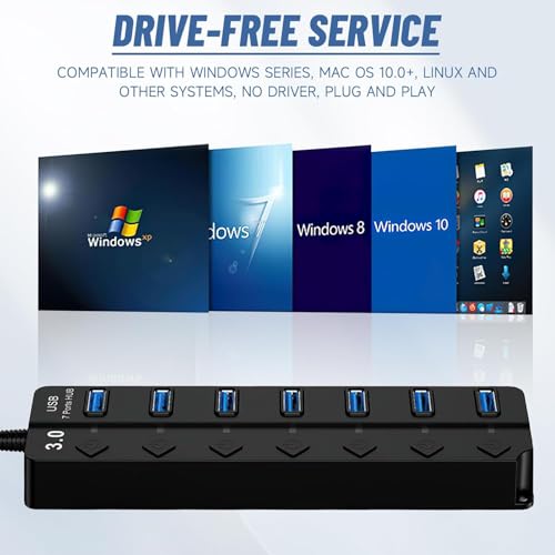Image of SANCY 7-Port USB 3.0 Hub with Individual Switches & Lights, Multiple Port USB Adapter Extension High-Speed Data Hub, Portable USB Splitter with 1FT Extended Cable for PC, Laptop, MAC, Printer and More