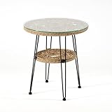 Furniture of America Ysar Boho 19-inch Round Coffee Table Outdoor with Tempered Glass Top and Metal Frame, Handcrafted Coastal Furniture for Patio, Poolside, Garden, Yard, Natural