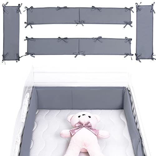 Crib Bumpers Pads, 4Pcs Breathable Crib Bumpers Padded Cotton Crib Liner for Inside Crib Padding Soft Baby Crib Protector Pads Sets for Boys_& Girls (Grey)