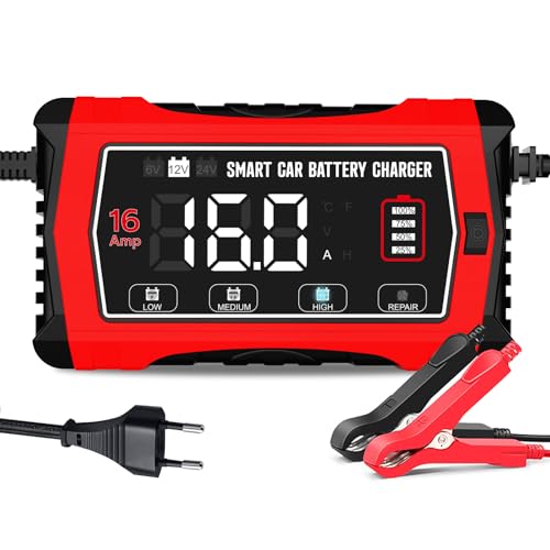 Haisito Cargador de Baterías 16A, Cargador Inteligente 6V/12V/24V para Baterías de Plomo-Ácido (AGM/Gel/SLA/EFB) y LiFePO4, Mantenedor de Carga Lenta 10 Etapas con Pantalla LCD para Coche, Moto