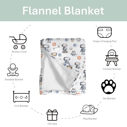 Image of Watercolor Robots Baby Blankets for Boy Girl Cute Robotic Character Soft Flannel Swaddle Receiving Blankets for Infant Toddler Crib Mechanic Robots Nursery Bed Blanket Playmat 50x60inch