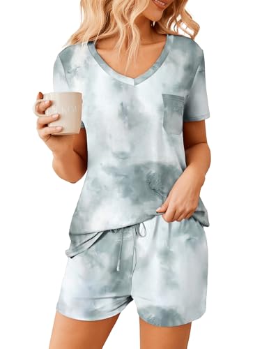 Image of Ekouaer Womens Pajama Sets Short Sleeve Pajamas for Women Sets Soft Lounge Sets Casual V Neck Sleepwear PJS