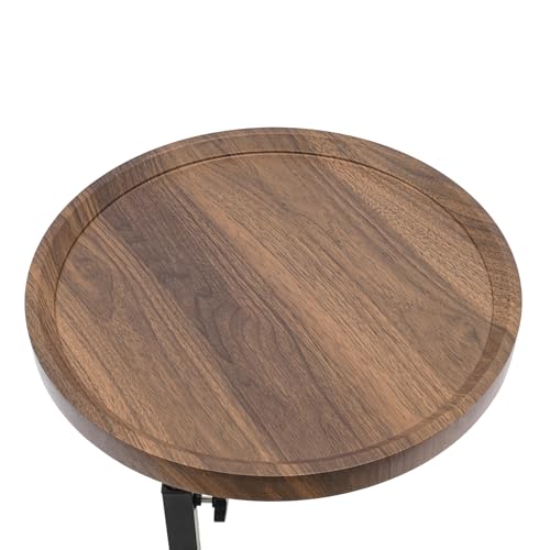 Table basse ronde réglable en hauteur avec étagère noyer
