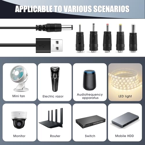 USB to DC Cable, 1M 5V 2.0 A Universal USB Power Cable Male to DC 5.5 x 2.1mm Barrel Jack Plug Charger Power Cord Adapter with 2.5x0.7mm 3.5x1.35mm 4.0x1.7mm 5.5x2.5mm 3.0x1.0mm 5 Connectors Tips - Image 5