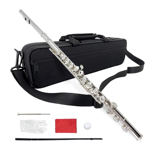 Vetimobato 16 Key Closed Hole C Flute for Beginners, Students, Adults – Silver Plated Nickel Flute with Carrying Case, Cleaning Kit, Tuning Rod, Gloves – Lightweight, Durable & Easy to Play (Sliver)