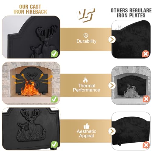 WILLOW WEAVE 20" Cast Iron Firebacks for Fireplace, Deer Decorative Fireplace Back Plate with Feet, Sturdy Fireplace Fireback, Fireplace Wall Protection Panel, Matt Black - Thumbnail 4
