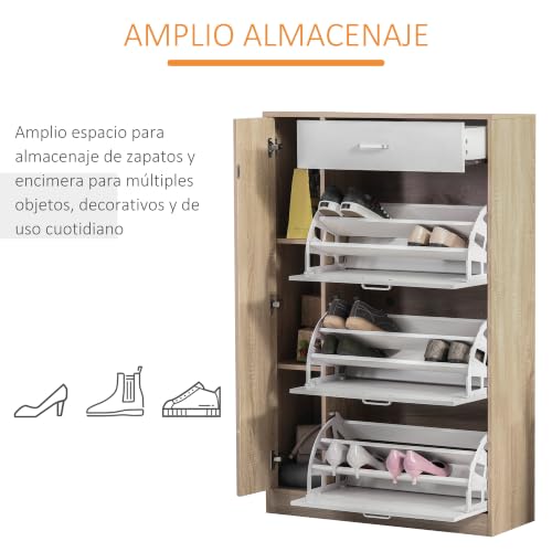 Miniatura 5 de Homcom Mueble Zapatero De 3 Puertas Para 18-27 Pares De Zapatos Zapatero Moderno Con Cajón Y Puerta Para Salón Entrada Dormitorio 84x30x132 Cm Natural