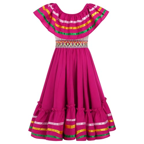 Mexican Dress for Girls Traditional Folk Ruffle Drape Outfit with Belt for Carnival, Halloween Party3