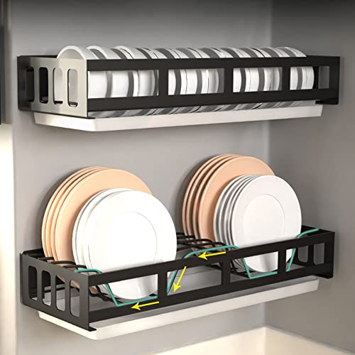 Abtropfgestell mit 2 Etagen, zur Wandmontage, mit Ablaufpfanne und Ablage, schwarz, für Schüsseln, Tassen, Löffel, Gabeln, Küchen-Abtropfbrett-Organizer