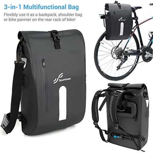 Sportneer Pannier Bag for Bike 20L & 30L, Waterproof Bicycle Rear Seat Trunk Bag, 3-in-1 Saddle Pack, Backpack, Carrier and Cross Shoulder Strap, Black