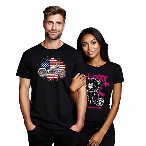 America_75 Revved Up - Camiseta divertida para motocicleta, 100 % algodón, diseño unisex. ¡Conduce con estilo y libertad! ¡Perfecta para motociclistas patrióticos!, Negro, L