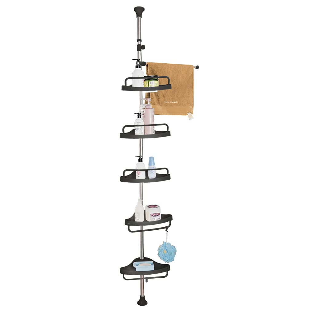 Hershii Shower Caddy Tension Pole 5-Tier Adjustable Bathroom Corner Shelf Floor to Ceiling Standing Storage Rack Organizer Bathtub