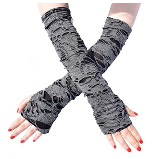 HeiBai Xiong Punk Ripped Arm Warmers For Women Goth Fingerless Arm Sleeve Grunge Emo Alt Long Gloves