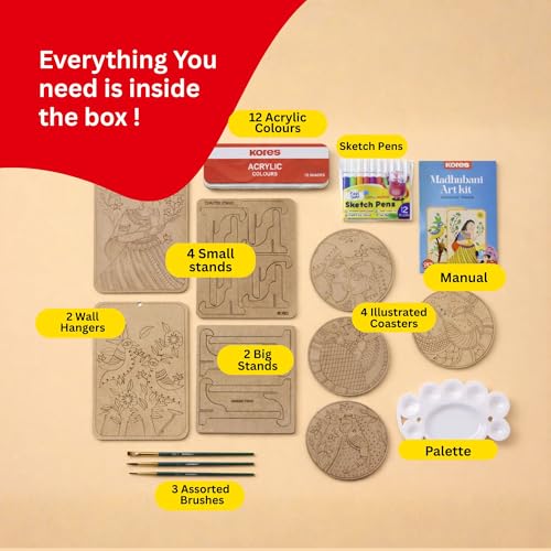 Image of Kores Madhubani Art Kit for Kids (8-18 Years) | Traditional Indian Folk Art DIY Kit | Paint 4 Coasters & 2 Wall Hangers | 40+ Elements | Creative Craft Set