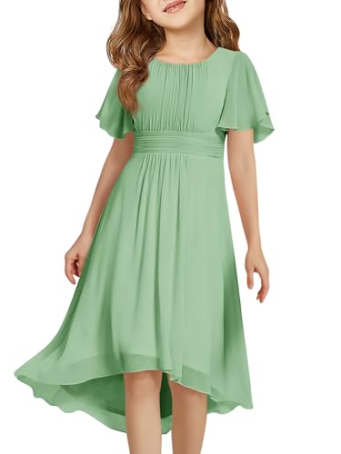Haloumoning Girls Flowy Ruffle Sleeve Dress Kids A-Line Swing Wedding Party High Low Hem Junior Bridesmaid Dress