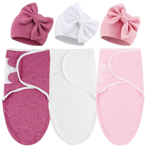 DRESHOW BQUBO 3 Pack Baby Swaddle Sleep Sacks Baby Swaddling Blanket Wrap Newborn Swaddle Sack with Big Bow Hat for Boys Girls 6-12 Lbs Newborns & 0-3...