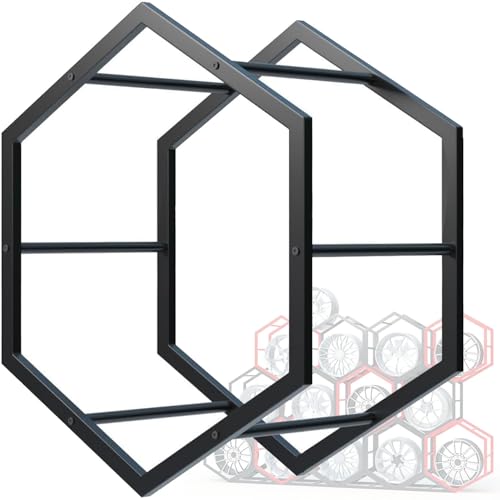 Espositore per pneumatici per garage e officina, supporto da pavimento esagonale con base triangolare, organizza le ruote in modo efficiente