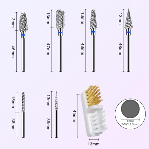 Diesisa 6 Pack Nail Drill Bits for Acrylic Nails, 3/32\" Shank Drill Bits for Nails Professional Electric Cuticle Drill Bit, Cuticle Cleaner Nail Gel Polish Remover Tool for Home Salon Nail Bits-Blue