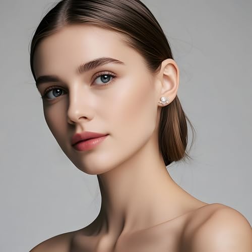 Natural Pearl Earrings for Women 925 Sterling Silver Cubic Zirconia Handmade Earrings Jewelry for Women AAAA Quality Real White Freshwater Pearl (8.00, Natural Zirconia Silver Studs)3