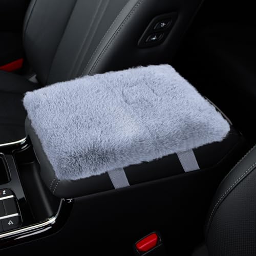 Wogomz Furry Car Armrest Cover, Soft Rabbit Fur Auto Center Console Cover, Fluffy Car Armrest Seat Box Cover Protector, Universal Middle Console Pad Decoration Car Accessories (Gray)