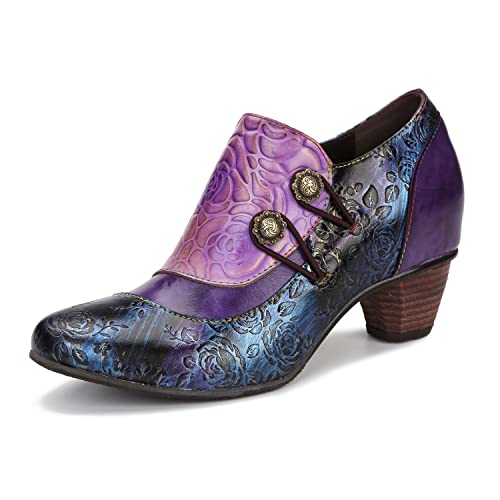 CrazycatZ Damen Leder Schuhe mit Absatz Vintage Bunte Schuhe Pumps aus Leder Buttoned Pumps (Purple, Numeric_38)