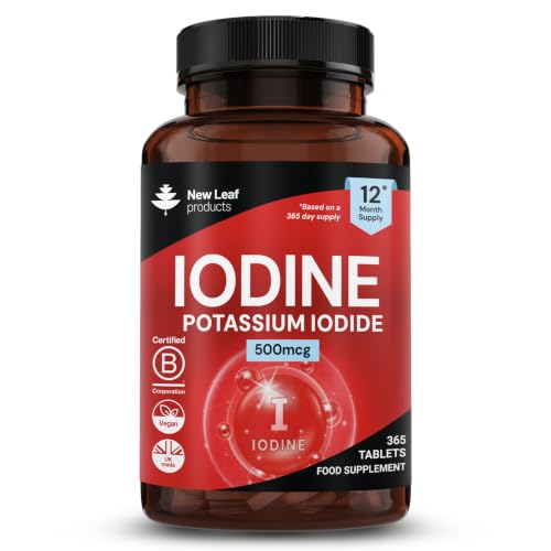 Iodine Tablets 500mcg 365 (1 Year Supply) Vegan High Strength Tablets Iodine Supplements Natural Source of Iodine from Potassium Iodide GMO Free GMP Made in UK by New Leaf