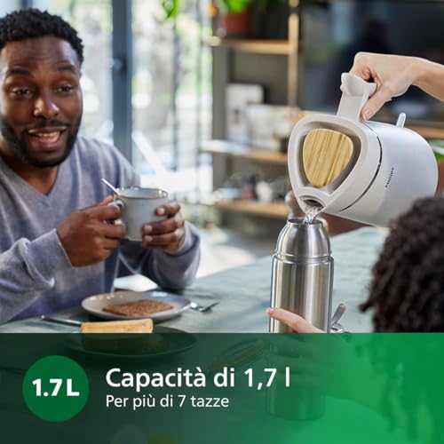 Philips Bollitore Elettrico Eco Conscious Edition, 1,7 L, 2200 W, Plastica Bio-Based al 100%, Spegnimento Automatico, Base Girevole a 360°, Indicatore Luminoso, Colore Bianco Seta (HD9365/10) - Immagine 5