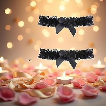 2pc Black Garter Belt with Bowknot, Bridal for Bride Classic Handmade Stretch Toss Party Accessories for Women Girls