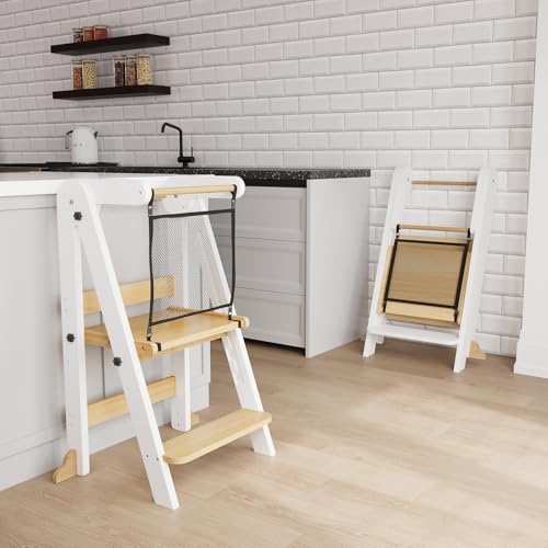 Image of ROOMTEC Foldable Toddler Kitchen Tower, 3 Adjustable Height Wooden Step Stool, Toddler Standing Tower with Safety Net for Kitchen Bathroom Sink Counter