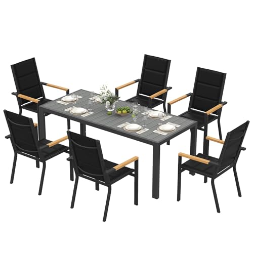 【Elegante finitura a venatura del legno】Dotato di un straordinario materiale a venatura del legno, questo set tavolo e sedie da giardino non solo è bello ma è anche facile da pulire e mantenere, offrendo un'aggiunta esteticamente piacevole e funzionale al tuo decoro da patio o giardino